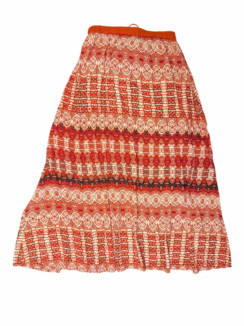 Angie Red Orange Boho Geometric Print Tiered Maxi Skirt L Western - Picture 3 of 5